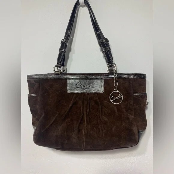 COACH Chocolate Signature Shoulder Bag Suede Logo Y2K F14000 - Picture 1 of 13